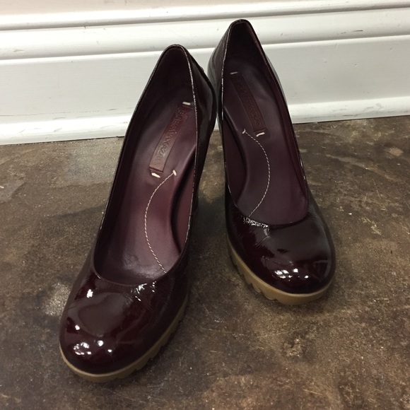 BCBGMaxAzria Shoes - BCBGMaxAzria Patent Burgundy Round-Toe Wedges with Tan Sole